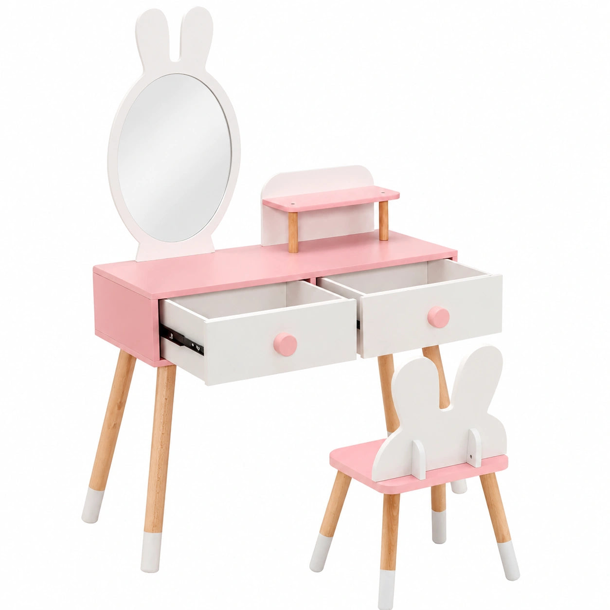 Tocador Infantil LIFEZEAL para Niñas 3+, Set de Maquillaje con Taburete, Espejo Conejo y Almacenamiento, Blanco