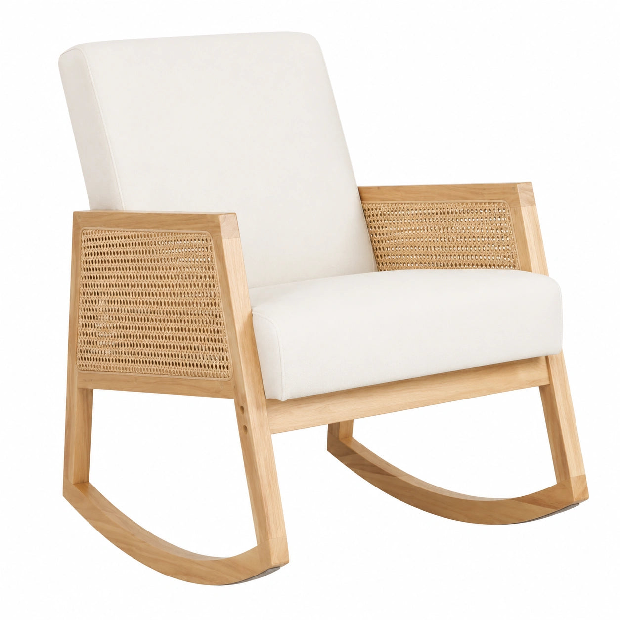 Butaca Mecedora Sofia de Madera y Ratán, Estilo Boho Chic, Antimanchas, 96x66x82 cm (Crema/Madera Clara)