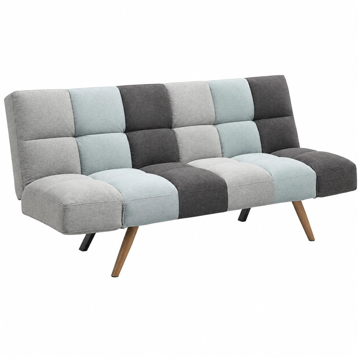 Sofá cama 3 plazas con apertura clic-clac, modelo IRAI, tapizado gris/azul