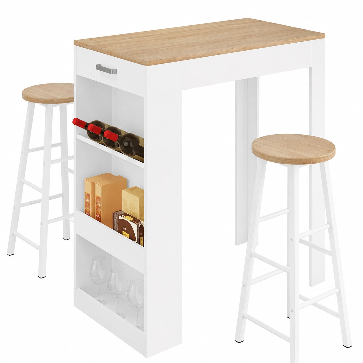 Set de Mesa y Taburetes de Bar WOLTU, Muebles de Cocina, Sillas de Comedor para Salón, Mesa 100x50x100 cm, Blanco y Roble Claro