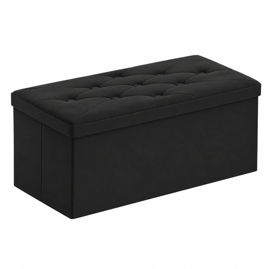 Banco de Almacenaje Plegable de Terciopelo, Puff con Tapa, Decoración para Dormitorio o Entrada, 80 x 40 x 40 cm, Color Negro