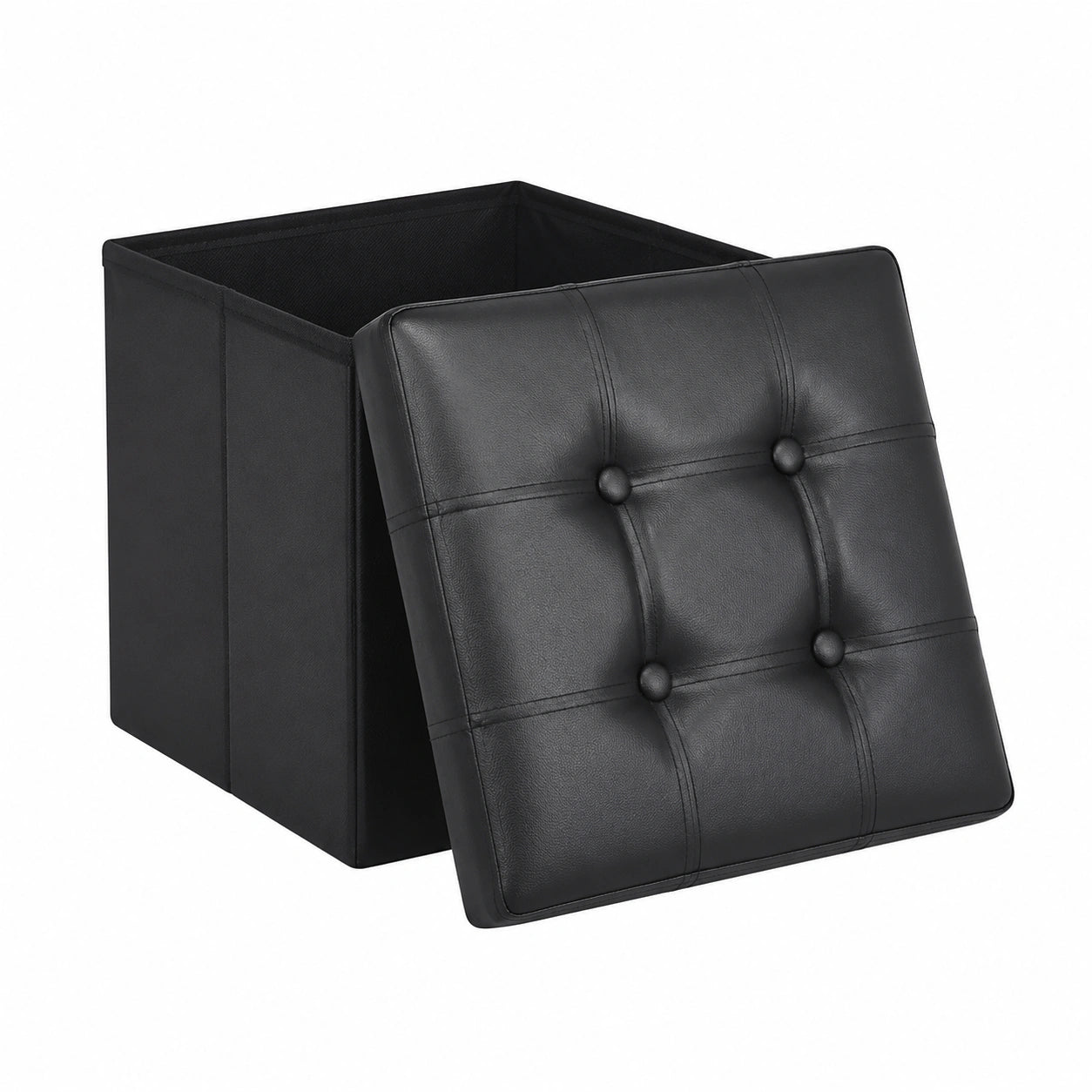 Puf de Almacenaje Plegable 40L en Cuero Sintético Negro