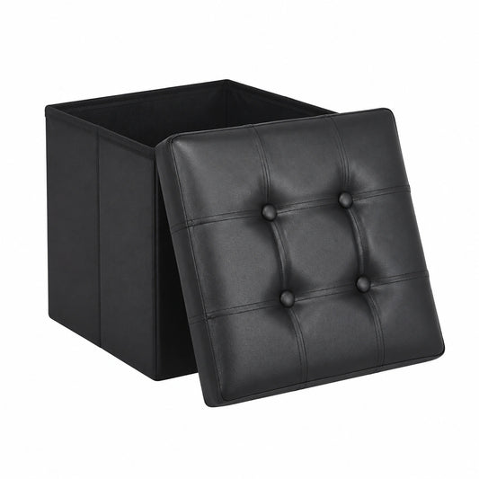 Puf de Almacenaje Plegable 40L en Cuero Sintético Negro
