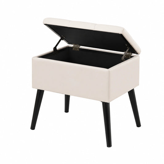 Puff Baúl de Terciopelo Beige con Asiento Acolchado y Patas de Madera