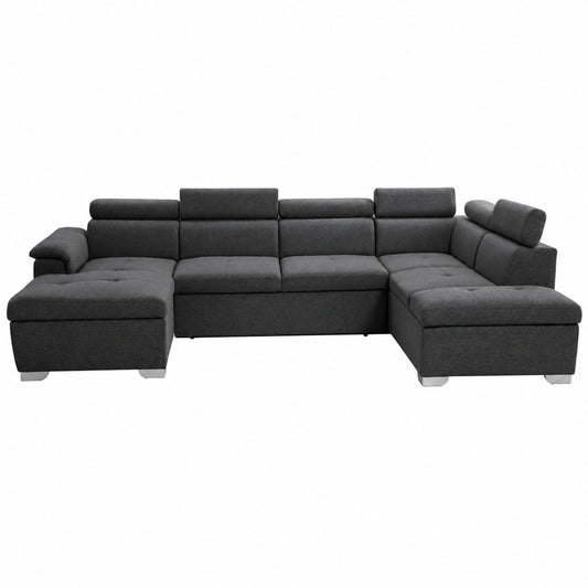 Sofá Panorama Convertible de Tela con 2 Compartimentos, 6 Plazas, Gris Oscuro