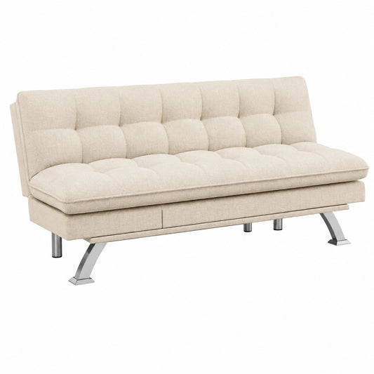 Nalui - Sofá Cama 3 Plazas Reclinable con Sistema Clic-Clac y Patas de Metal, 194x103x92cm, Convertible en Cama Doble, Beige