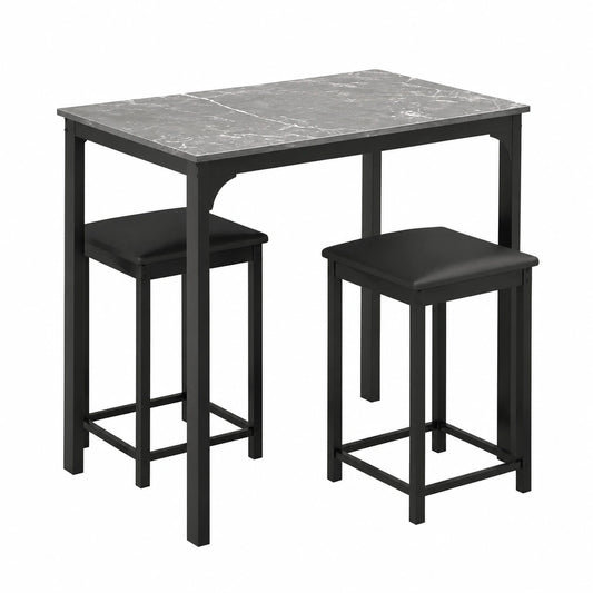 Conjunto de Mesa Alta y Taburetes para Comedor, 3 Piezas, Estilo Moderno de Mármol, Negro