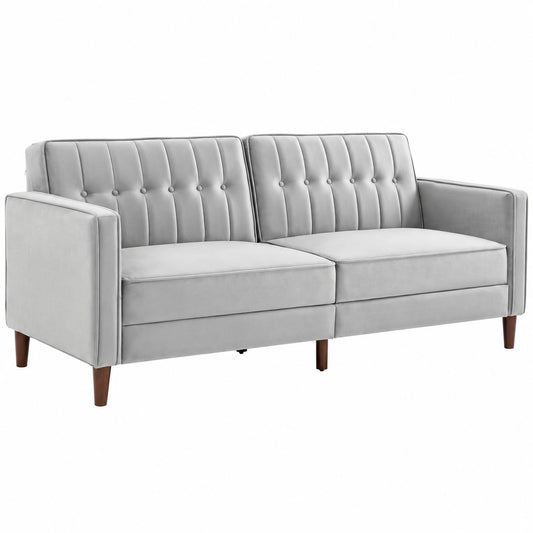 Sofá Cama Convertible de Terciopelo 3 Plazas con Respaldo Ajustable y Asientos Acolchados, Gris Claro