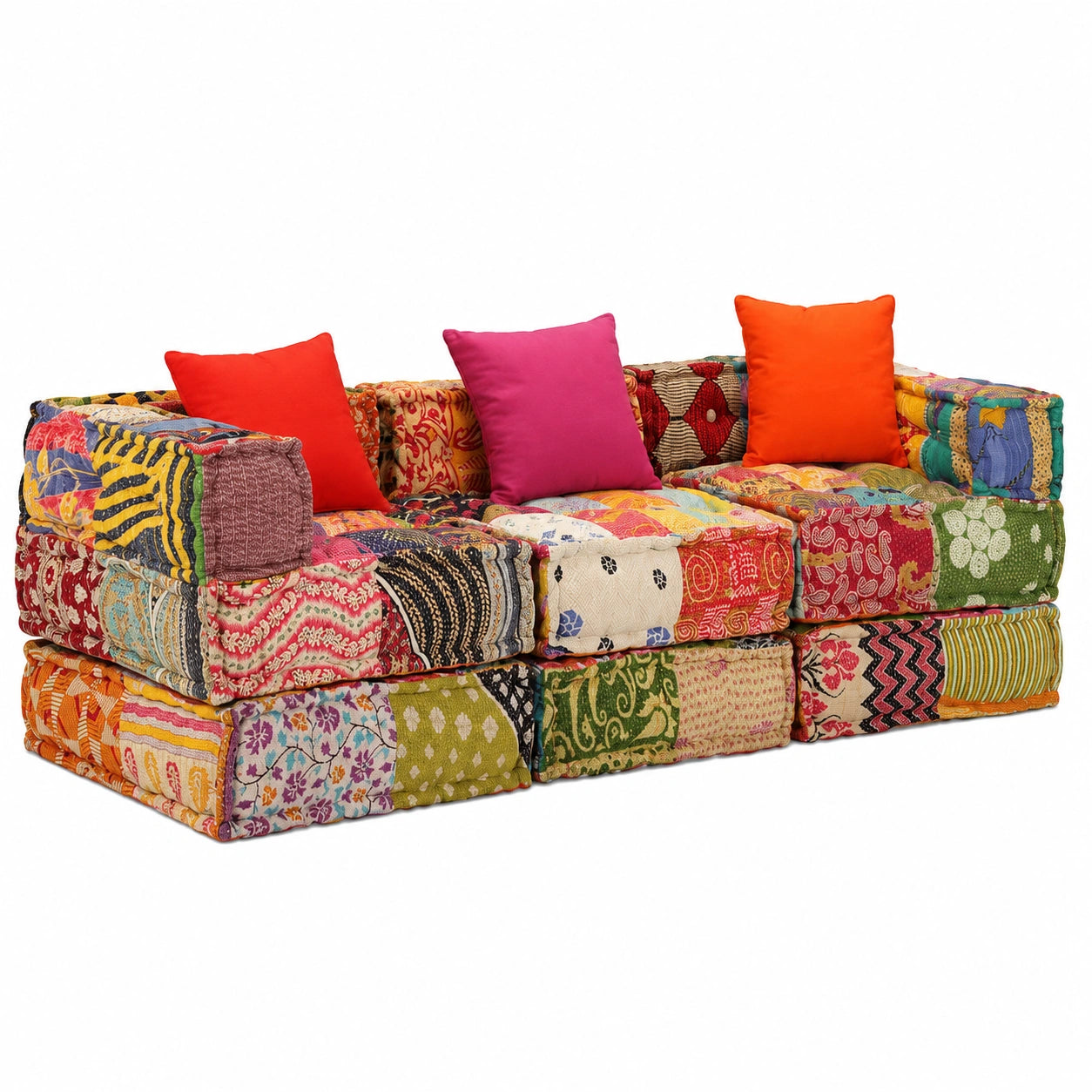 Sofá Modular 3 Plazas de Tela Patchwork para Sala de Estar