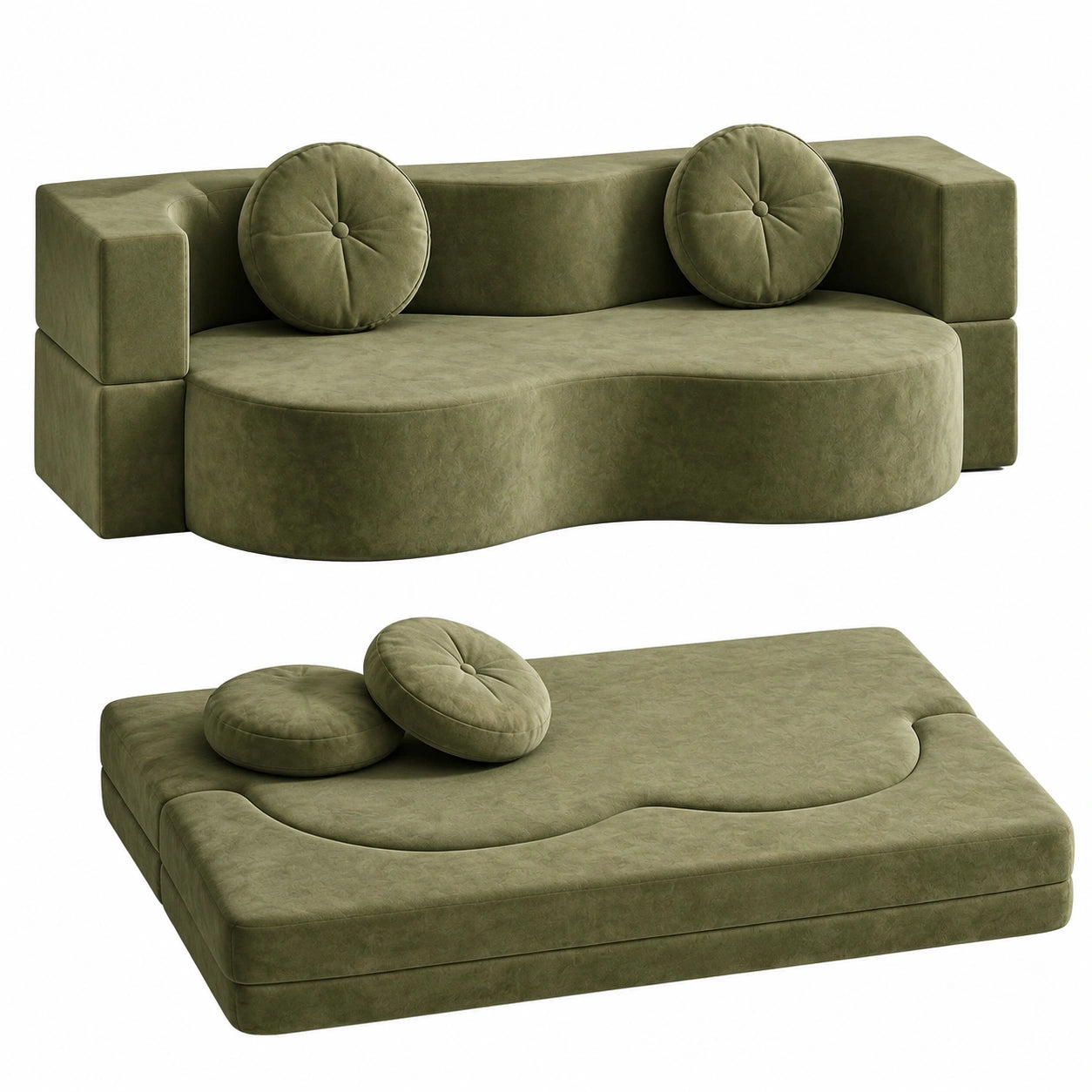 Sofá cama convertible de tela desmontable con almohadas, 2 plazas, espuma alta densidad, verde 200x100 cm