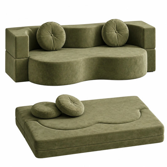 Sofá cama convertible de tela desmontable con almohadas, 2 plazas, espuma alta densidad, verde 200x100 cm